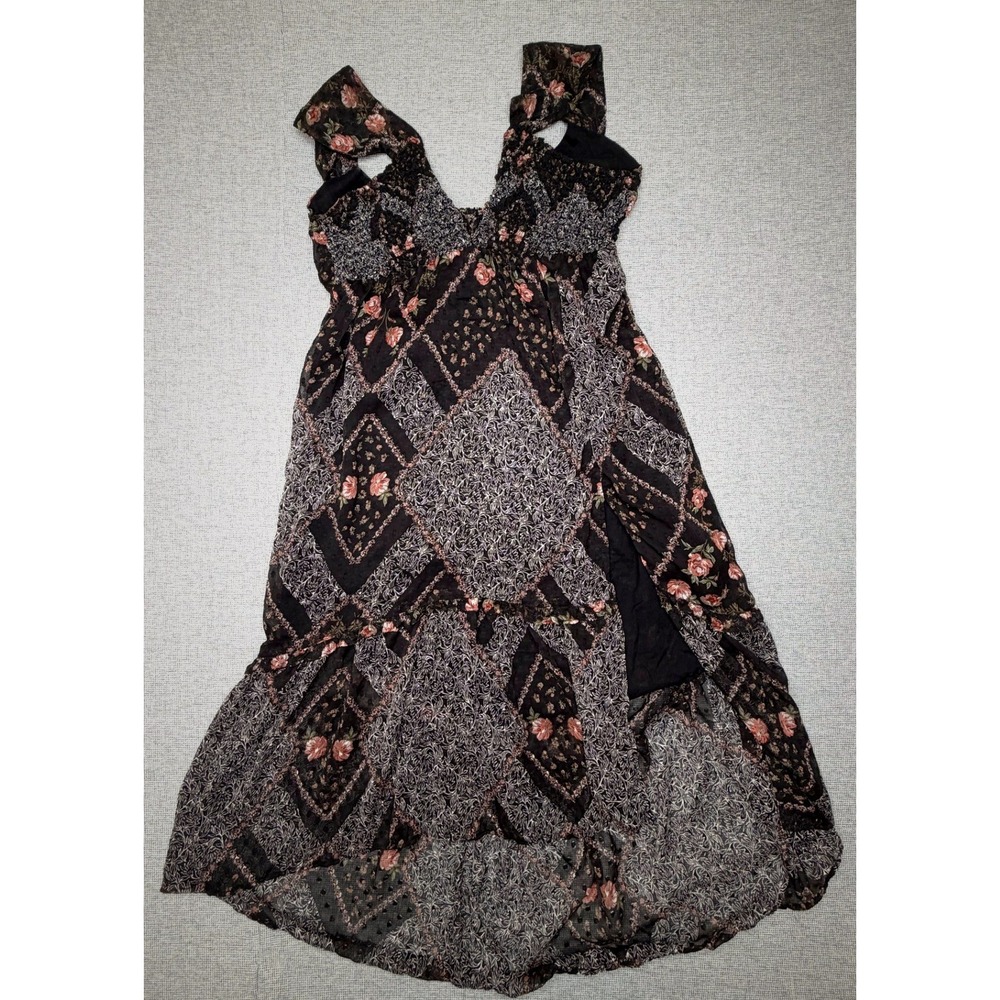 Angie Floral Patchwork High-Low Dress Black Pink Smocked V-Neck Bow Back Large - Picture 1 of 5